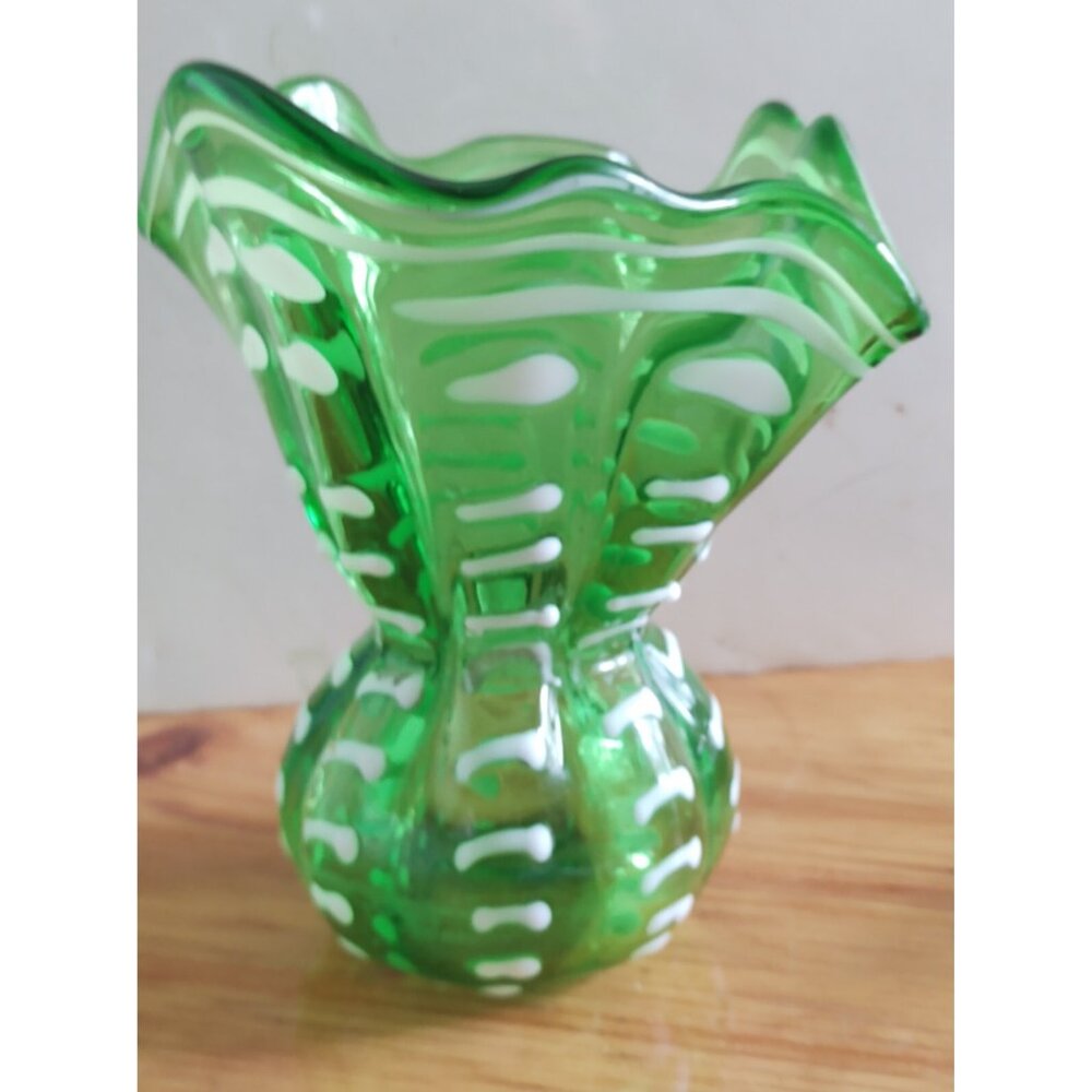 Hand Blown Nailsea Style Green Glass Vase with combed white glass ribs 5 1/2 in